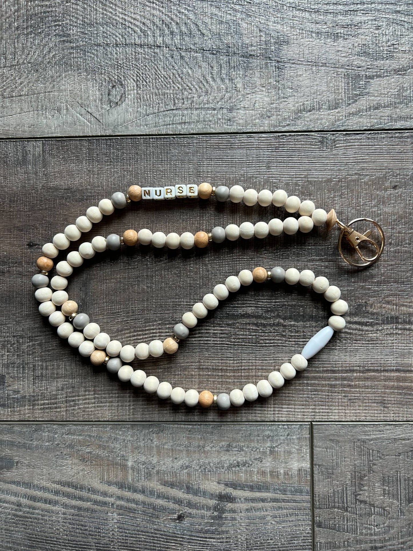 Nurse Grey and Wood Beaded Lanyard with Breakaway Clasp
