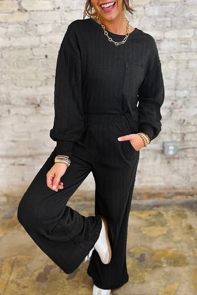 Black Textured Pant Set