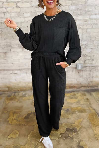 Black Textured Pant Set
