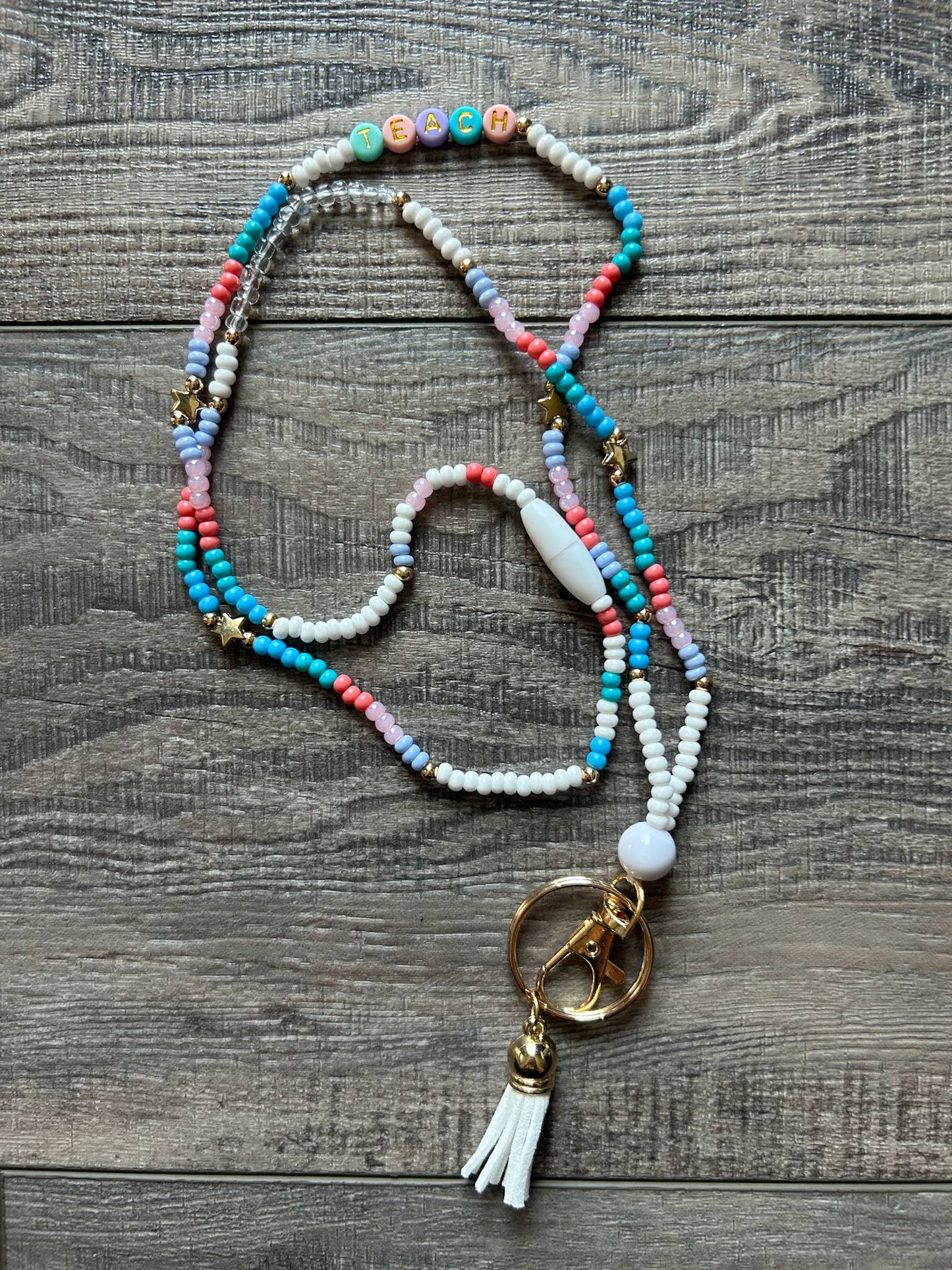 Teach Stars and Pastel Colors Seed Bead Breakaway Lanyard