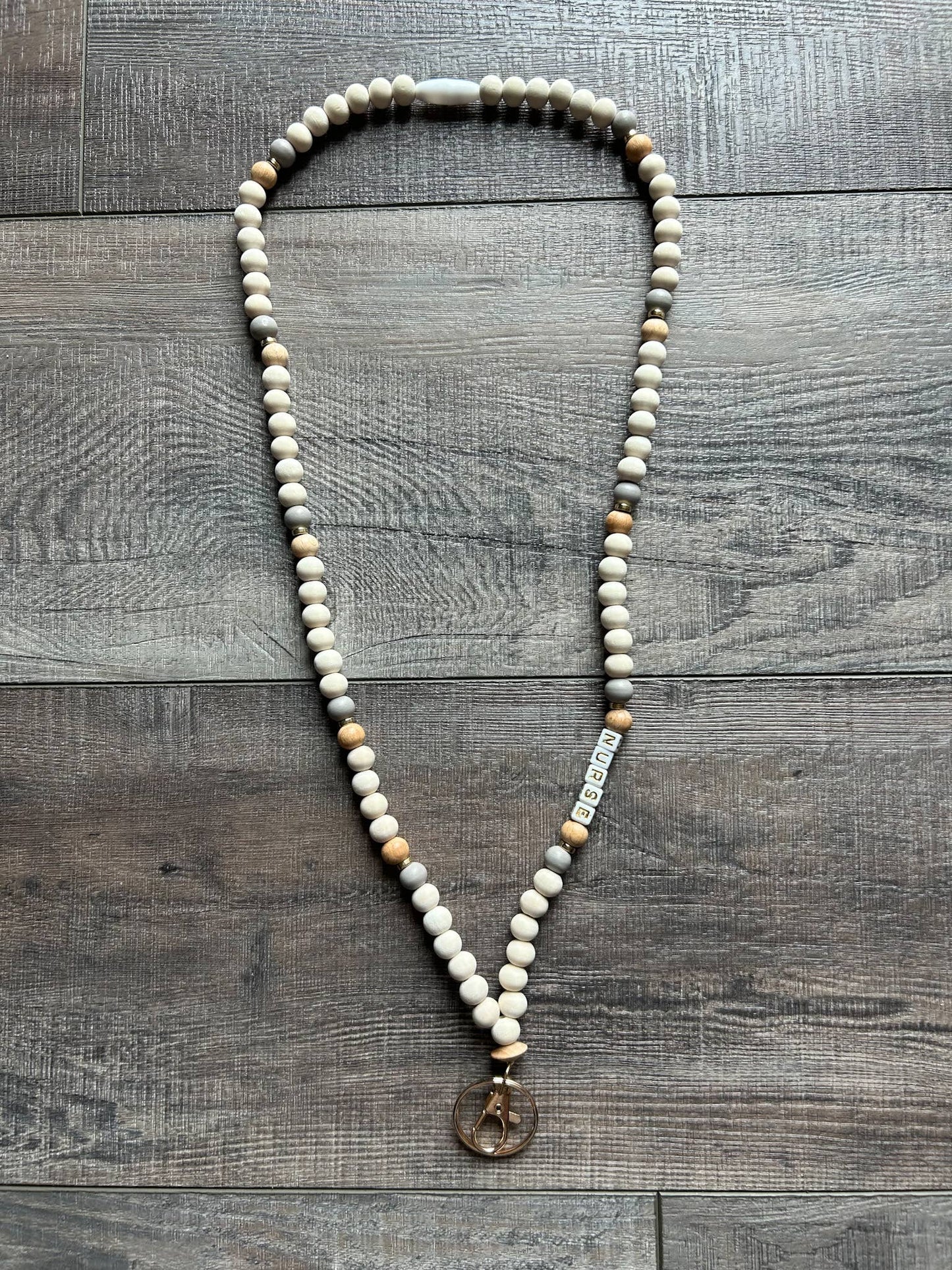 Nurse Grey and Wood Beaded Lanyard with Breakaway Clasp